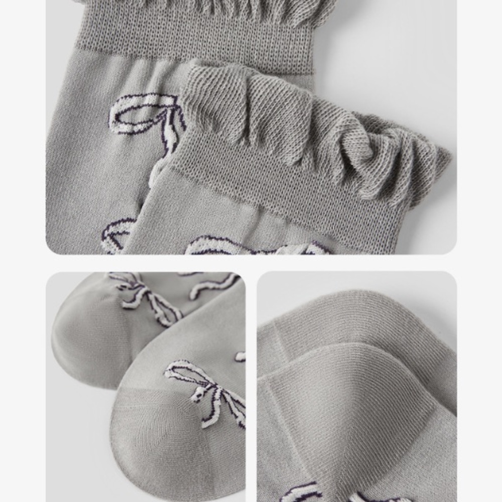 Gray Ruffled Crew Socks with Embroidered Bows